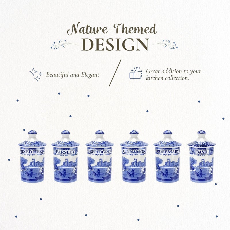 Spode Blue Italian Set of 6 Spice Jars, Fillable Containers for Mixed Herbs, Parsley, Peppercorn, Cinnamon, Rosemary, Basil - Image 3